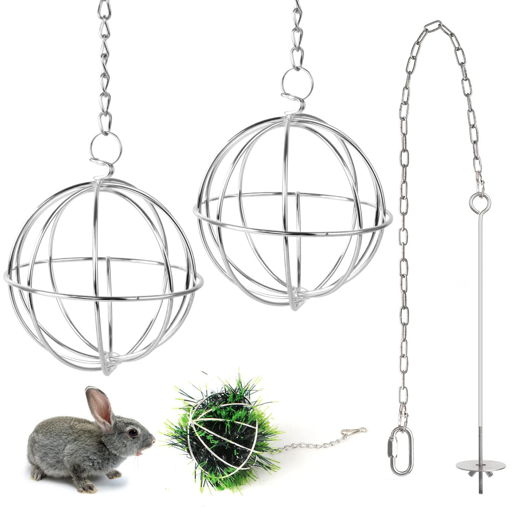 2 pieces stainless steel feeder ball hay ball rabbit with 1 fruit and vegetable stick holder fork feeding toy food balls for rabbits guinea pigs rabbits chinchillas hamsters for hanging - PawsPlanet Australia