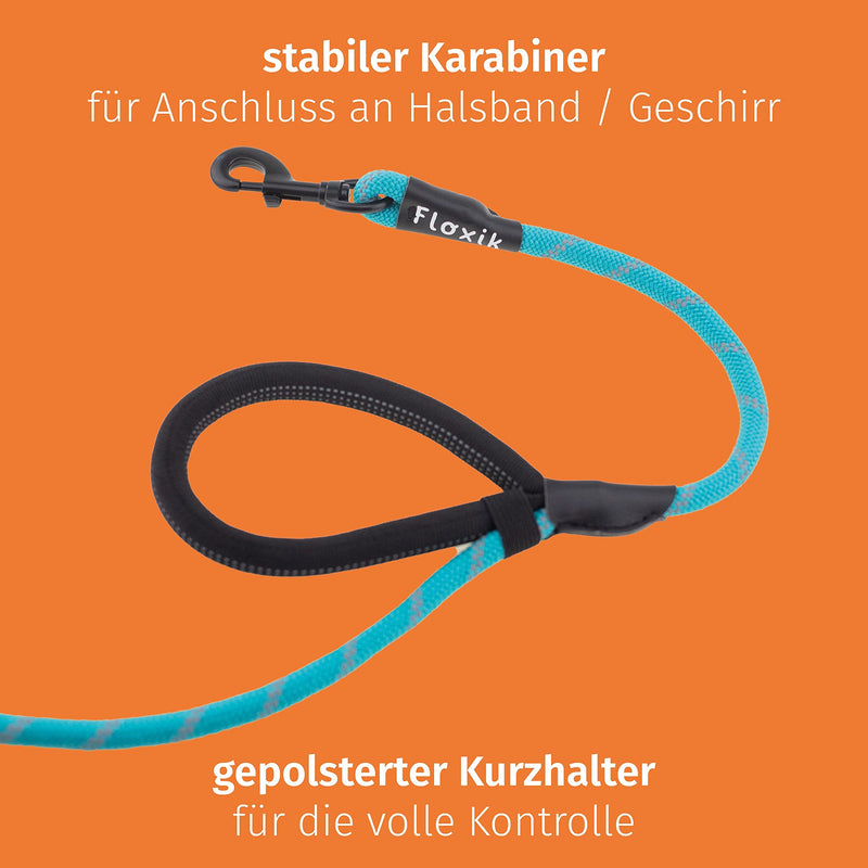 Floxik rope leash for dogs turquoise | Innovative 1.5m dog leash with two handles and reflective seams for medium & large dogs | Weather-resistant & resilient climbing rope material - PawsPlanet Australia