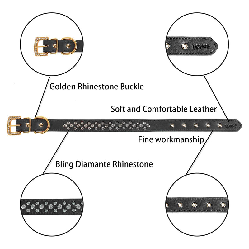 [Australia] - LOVPE 3 Rows Personalized Rhinestone Leather Bling Crystal Dog Collar with Golden Rhinestone Buckle for Small Medium Breeds S(Neck for:11-13 Inch) Black 