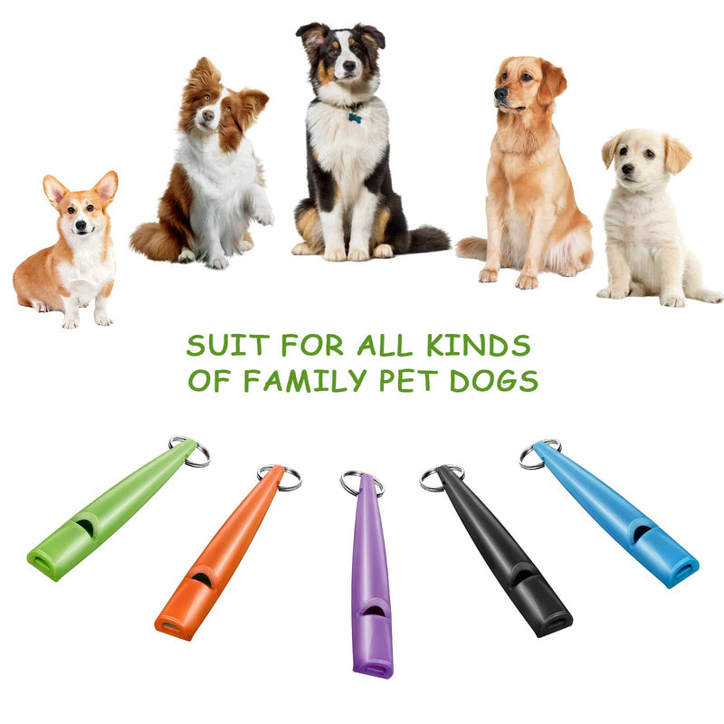 Weewooday 5 Pieces High Pitch Plastic Dog Whistles for Recall Training, Dog Training Whistle with Lanyards and Key Rings (Black, Orange, Blue, Purple, Green) - PawsPlanet Australia