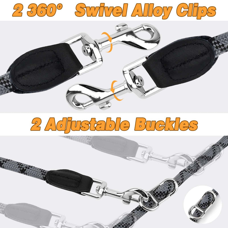 Dog leash with 2 carabiners, 2 rings, reflective, adjustable double leash, 2.6 m, multifunctional dog leash for large and medium-sized dogs - PawsPlanet Australia
