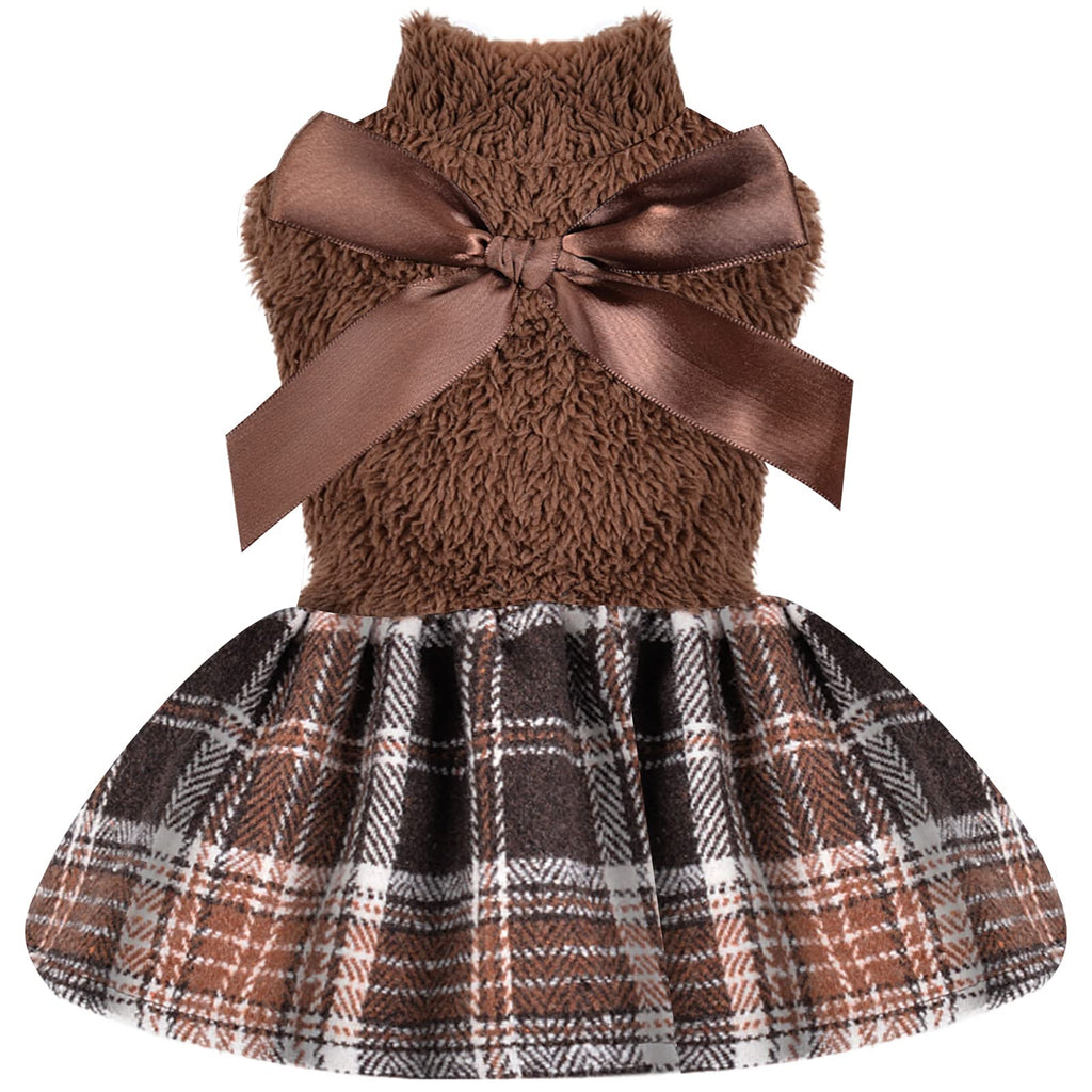 Dog Dress Sweater Puppy Dresses for Small Dogs Girl Fall Winter Warm Pet Clothes Outfit Apparel Cold Weather Doggy Skirt Cute Bowknot Doggie Skirt Coats for Yorkie Teacup Tiny Cats (X-Small, Brown 1) X-Small - PawsPlanet Australia