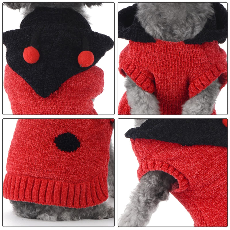 ABRRLO Red Hooded Jumper For Dogs Soft Warm Puppy Cat Hoodies Winter Pet Sweater Clothes Knitwear Coat French Bulldog Pug Apparel (Red beetle,XS) X-Small Red beetle - PawsPlanet Australia