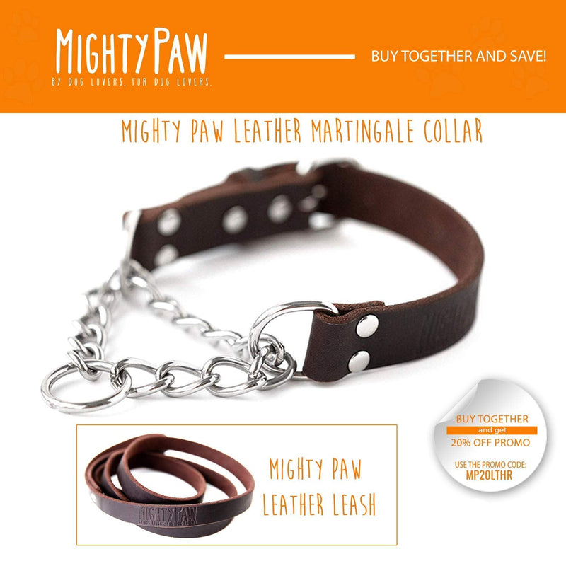 Mighty Paw Leather Training Collar, Martingale Collar, Stainless Steel Chain - Premium Quality Limited Chain Cinch Collar. Small Brown - PawsPlanet Australia
