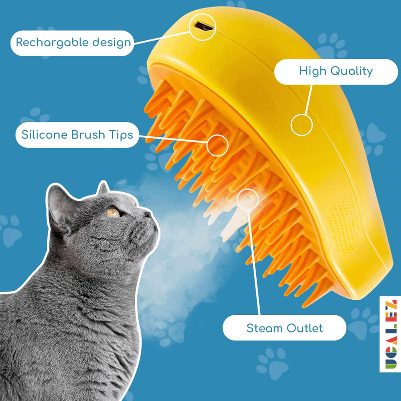 Cat Steam Brush, 3 in1 Cat Steamy Brush, Dog Brush for Shedding, Multifunctional Rechargeable Silicone Cat Hair Brush for Removing Tangled and Loose Hair, Cat Brush for Shedding, Cat Grooming Supplies Yellow - PawsPlanet Australia