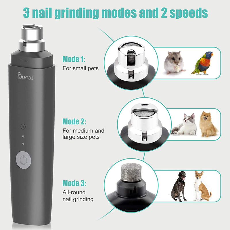 Duoai Dog Nail Grinder Electric, Professional Pet Nail Trimmer for Cats Low Noise Rechargeable 2 Speeds Painless Paws Claw Care Grooming Smoothing for Small Medium Large Dogs Cat with Lanyard Gery - PawsPlanet Australia