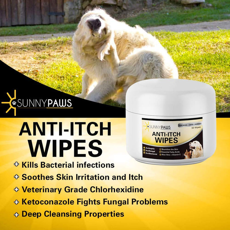 Sunny Paws Anti-Itch Wipes for Dogs Cats and Horses - Medicated Ketoconazole & Chlorhexidine (Antibacterial, Anti Fungal, Antimicrobial) - Cucumber Melon Scent 50 ct. - PawsPlanet Australia