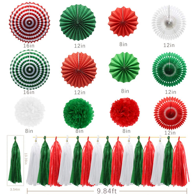 Meiduo Red Green White Hanging Paper Fans Pom Poms Flowers Tissue Tassel Garland for Graduations Christmas St. Patrick's Day Party Decorations - PawsPlanet Australia