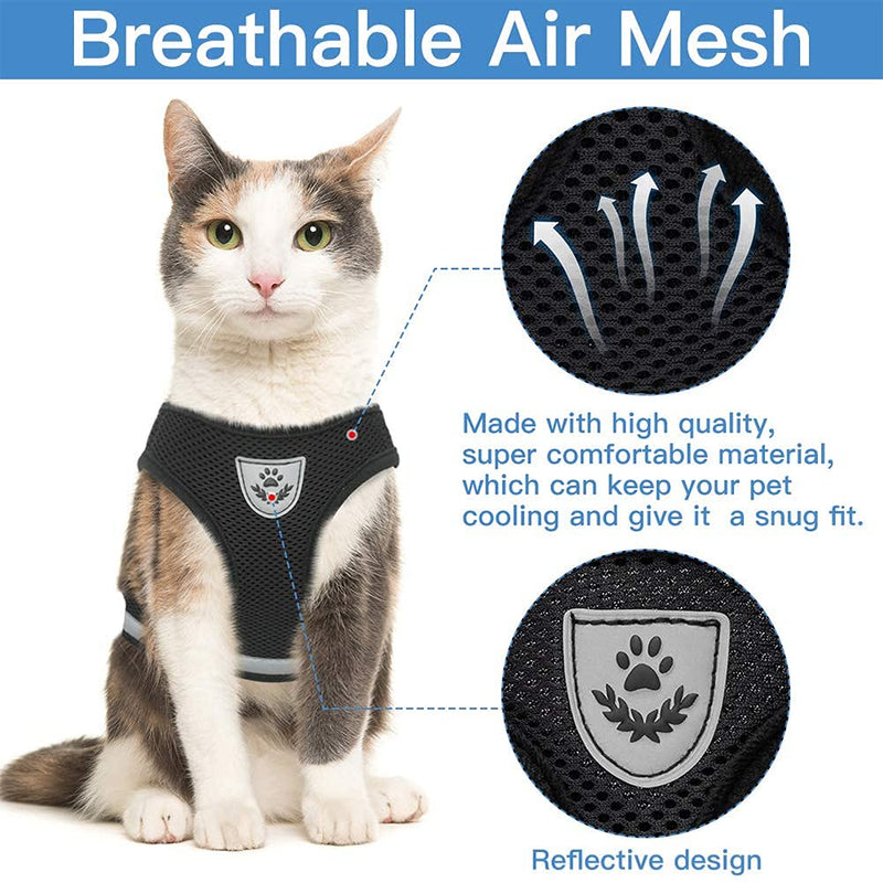 Step-in Dog & Cat Harness Reflective Vest with 120cm Leash, Soft Breadthsable Air Mesh for Small and Medium Dogs & Cats XS（Chest:9.5-10.5 "*Fit Cats） Black - PawsPlanet Australia