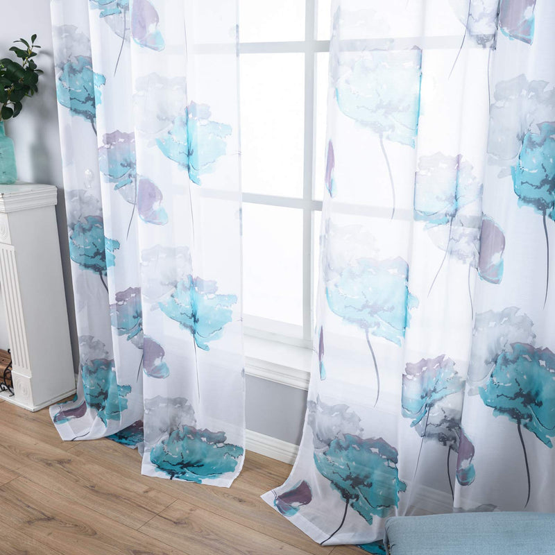Contemporary Watercolor Petal Print Curtains 84 Inch Length 2 Pieces Green Flower Curtains for Patio Glass Door,Ornamental Grommet Floral Sheer Curtains,2 Panel Set,54W ×84L Inches,Blue-Green Grey-green Flower 84"L |Pair - PawsPlanet Australia