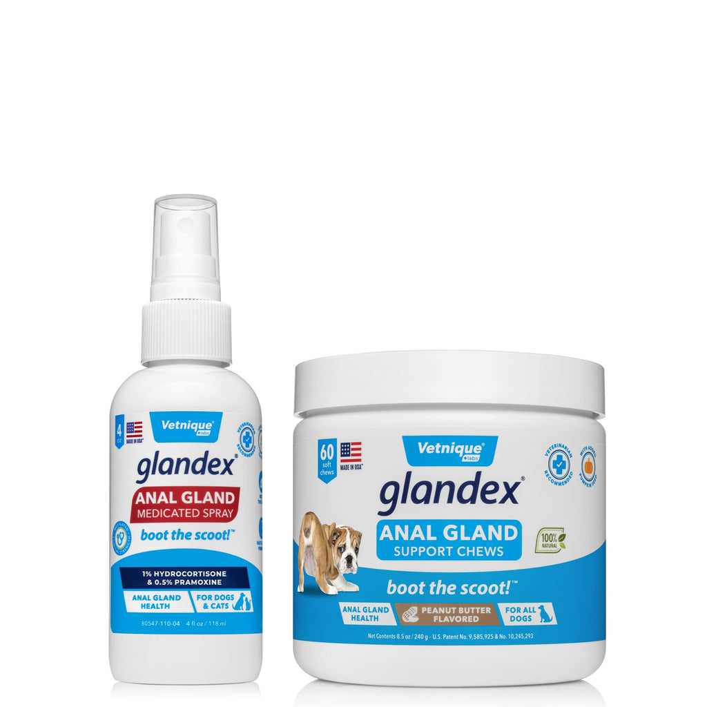 Glandex Anal Gland Medicated Spray for Dogs & Cats (4oz) and Glandex Anal Gland Support Chews 60 Ct Bundle Dog Deodorizing Spray & Anti-Itch Spray for Dogs, Anal Gland Dog Treats with Probiotics - PawsPlanet Australia