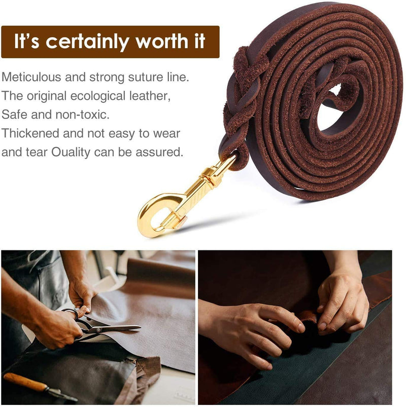 BIGLUFU Genuine Leather Dog Lead,7.5ft Handmade Training Pet Dog Lead-Strong and Soft Waterproof Leads for Dogs (Brown) 7.5ft - PawsPlanet Australia