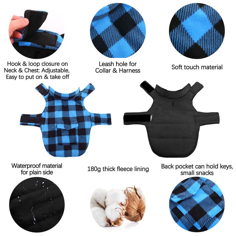 Kuoser British Style Plaid Dog Winter Coat, Windproof Cozy Cold Weather Dog Coat Dog Apparel Dog Jacket Dog Vest for Small Medium and Large Dogs with Pocket & Leash Hook Blue XS XS(Chest Girth:9.8-12.6") - PawsPlanet Australia