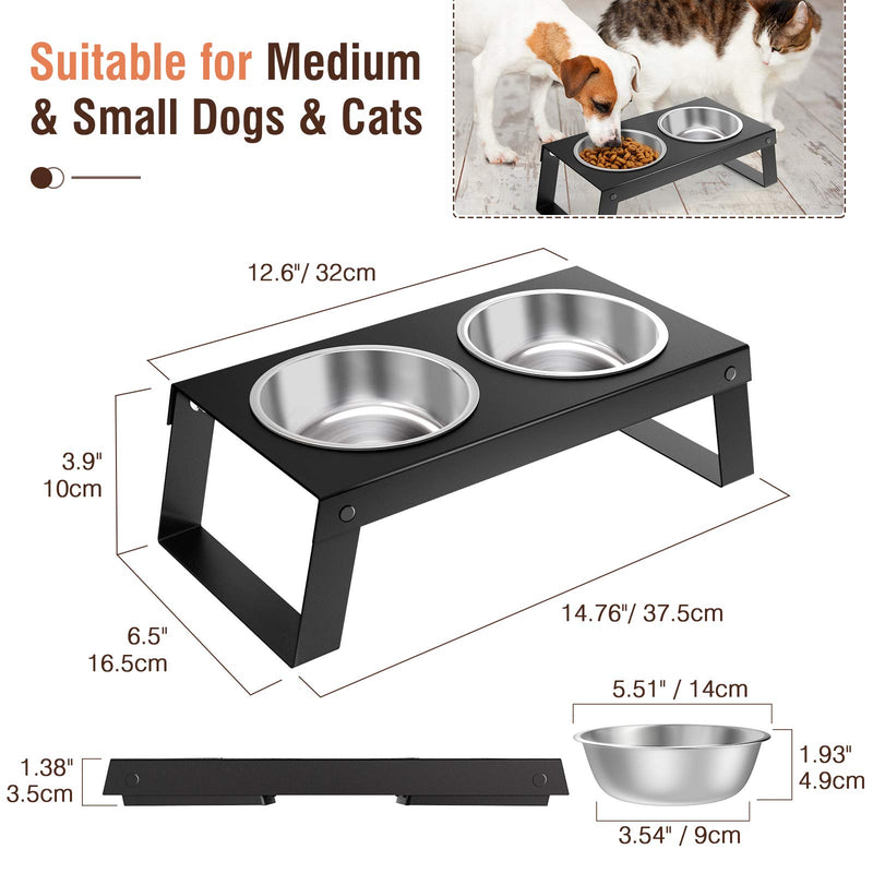 Lewondr Elevated Dog Bowls, Metal Shelf + 2 Dog Food Stainless Steel Bowls Pet Dishes Water Bowls, Non-Slip No Spill Foldable Raised Pet Bowls for Cats and Dogs, Dishwasher Safe - Black - PawsPlanet Australia