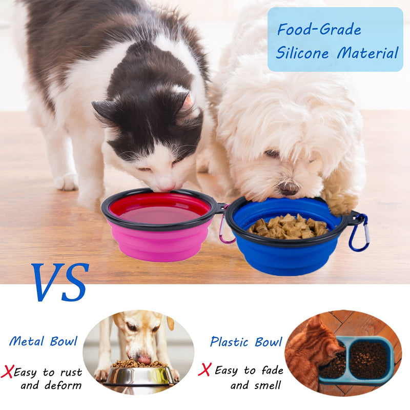 Collapsible Dog Bowl, 2 Pack Pet Food Water Bowl for Cats Dogs, Portable Feeding Dish with Carabiner for Pet Indoor and Outdoor Activity (Blue&Dark Pink) Blue&Dark Pink - PawsPlanet Australia