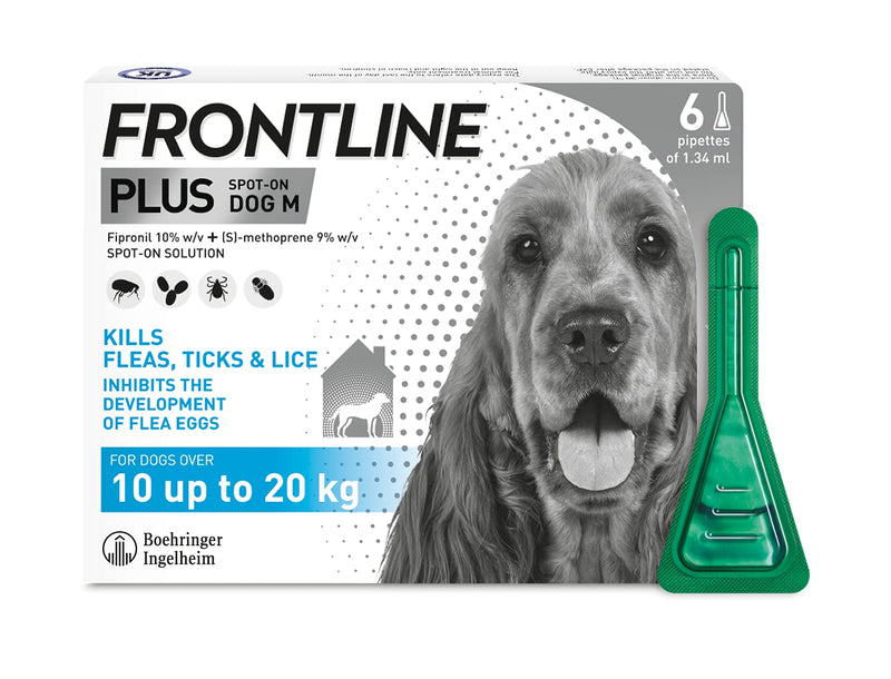 FRONTLINE Plus Flea & Tick Treatment for Medium Dogs (10-20 kg) - 6 Pipettes & Plus Flea & Tick Treatment for Small Dogs (2-10 kg) - 3 Pipettes - PawsPlanet Australia