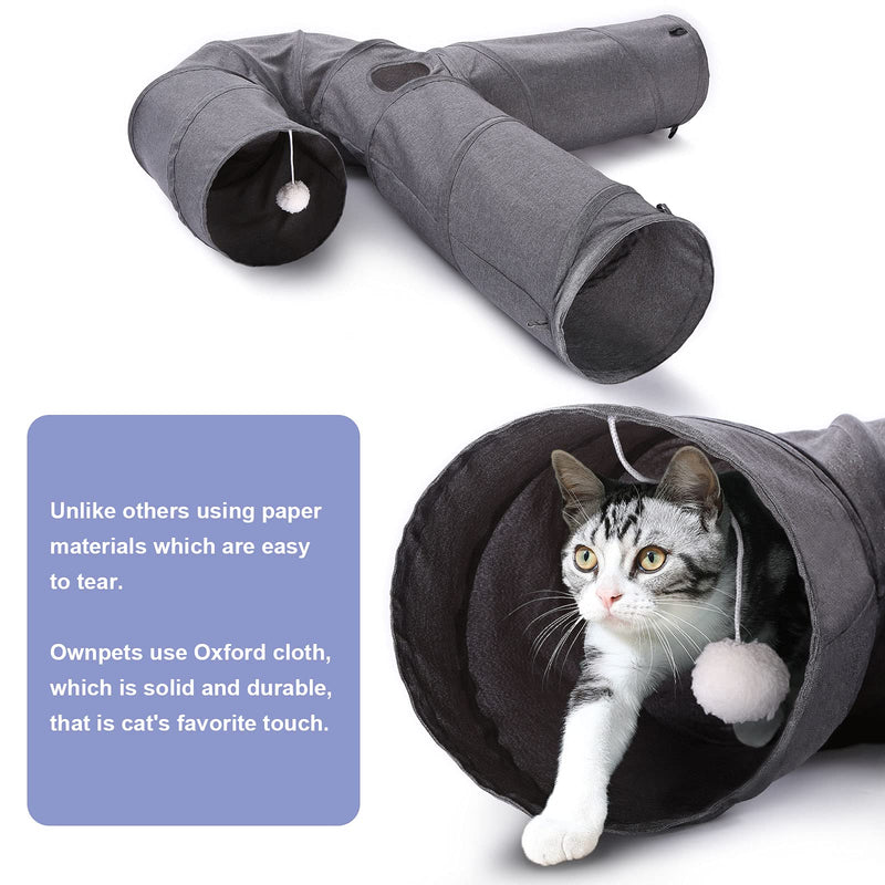 Ownpets Cat Tunnel, 3-Way Cat Tunnel, Fabric Cat Tunnel with Ball and Cat Teaser, Expandable and Foldable Cat Tunnel, Play Tunnel for Cats, Puppies, Rabbits, Gray U-Ways L-120CM, Dia-25CM - PawsPlanet Australia