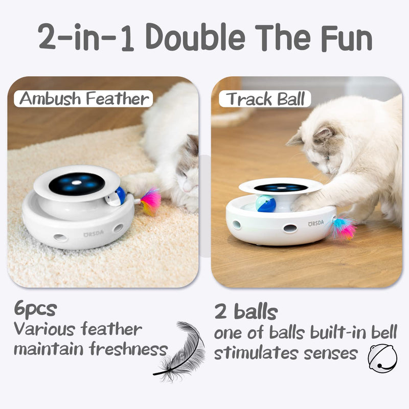 Cat Toys ORSDA 2-in-1 Interactive Cat Toys for Indoor Cats, Cat Balls, Cat Mice Toy, Cat Entertainment Toys with 6pcs Feathers, Dual Power Supplies, Auto On/Off Bright White - PawsPlanet Australia