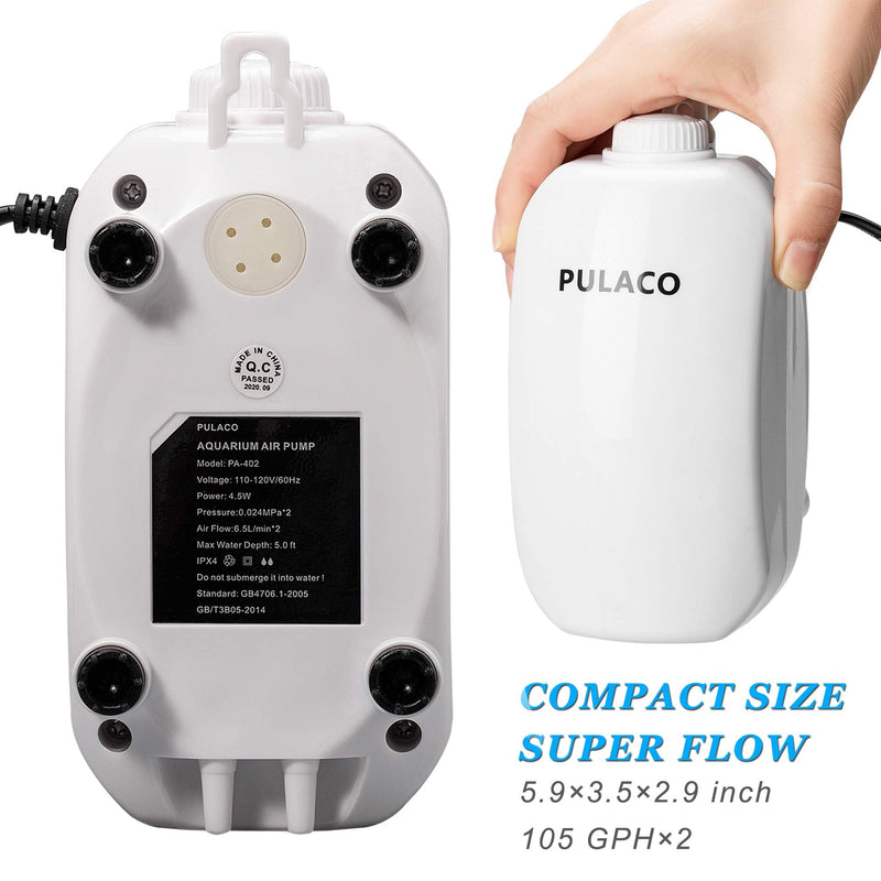 PULACO 210 GPH Ultra Quiet Aquarium Air Pump Dual Outlet , Fish Tank Aerator Pump with Accessories, Under 300 Gallon Fish Tanks - PawsPlanet Australia