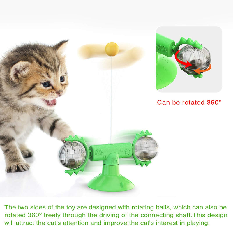 [Australia] - 3 in 1 Windmill Cat Toy Turntable Teasing Interactive Cat Toys for Indoor Cats With Feather Funny Cat Self Play Toys With Suction Cup, Quiet Rotatable Catnip Toys Cat Teasing Ball Toy For Kittens Green 