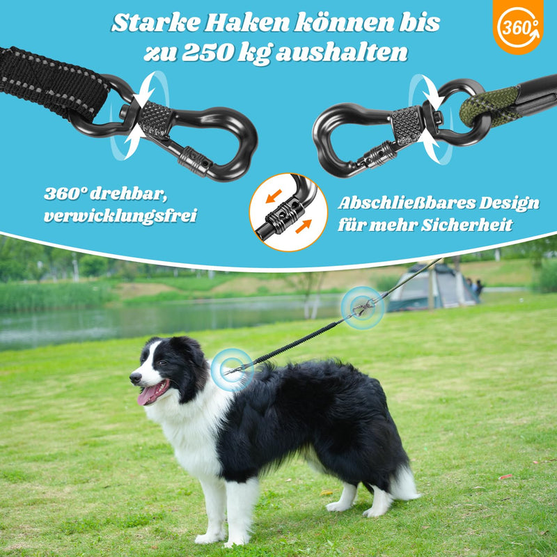 Aystkniet Bungee Tow Leash for Dogs 3M 4.5M 5M 6M 9M 10M 12M 15M 20M 30M, Shock-Absorbing Dog Leash with Padded Handle Reflective Threads Lockable Hook for Medium Large Dogs 20M × 8MM Army Green - PawsPlanet Australia