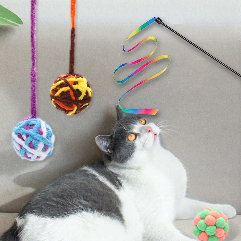 Cat Toys Ball，Woolen Yarn Cat Toy Balls with Bell Cat Kitty Wand Spring Toy and Fuzzy Balls, Cat Toys for Indoor Cats Interactive Cat Chew Toys for Kittens( 14 Pack ) - PawsPlanet Australia