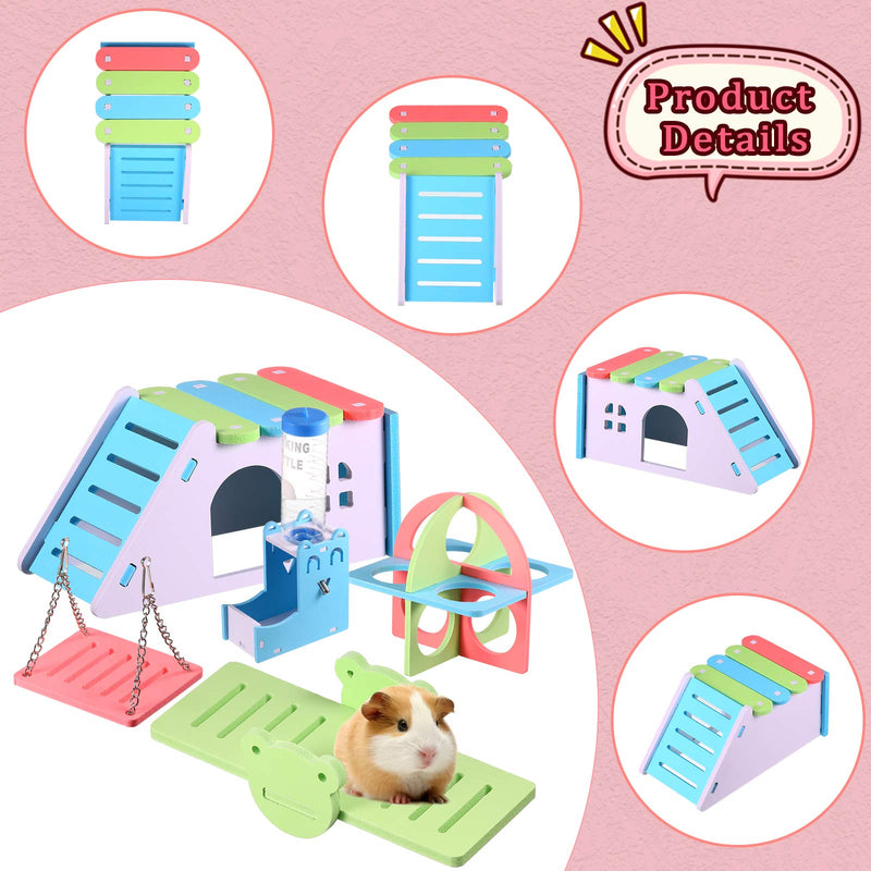 Hamster House DIY Wooden Gerbil Hideout, Rainbow Hamster Toys, Hamster Ladder Exercise Toys, Swing, Plastic Seesaw, Fitness Circle and Wooden Drinking Rack for Small Animals Habitat, 5 Pieces in Total - PawsPlanet Australia