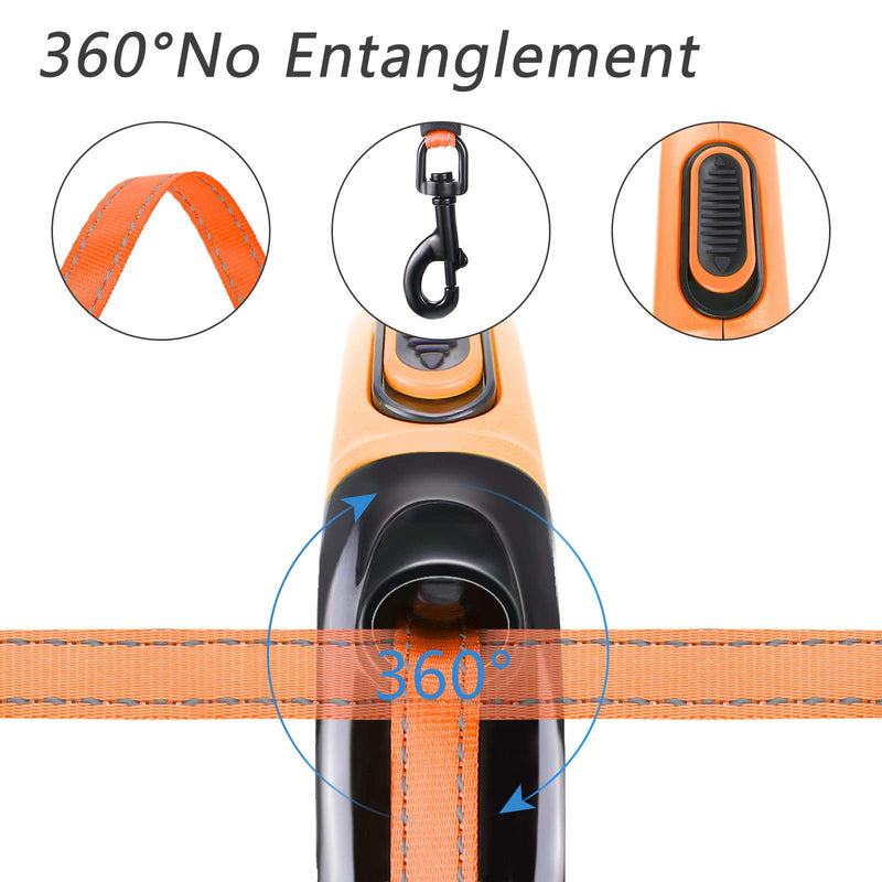 G.C Retractable Dog Lead Extendable Long Heavy Duty Strong Dog Leash for Large Dogs Up to 110lbs, 16ft Strong Reflective Nylon Tape, 360° Tangle-Free, One-Handed Brake, Pause, Lock Orange - PawsPlanet Australia