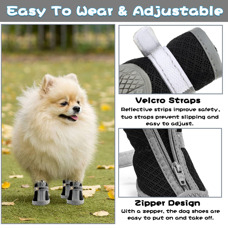 Kajiewo Dog Boots, Dog Shoes for Hot Pavement, Anti-Slip Breathable and Waterproof Dog Shoes for Small Medium Dogs with Reflective & Adjustable Strap Zipper 4PCS Size 1:(1.10"x1.37")(LxW)within 13lb - PawsPlanet Australia