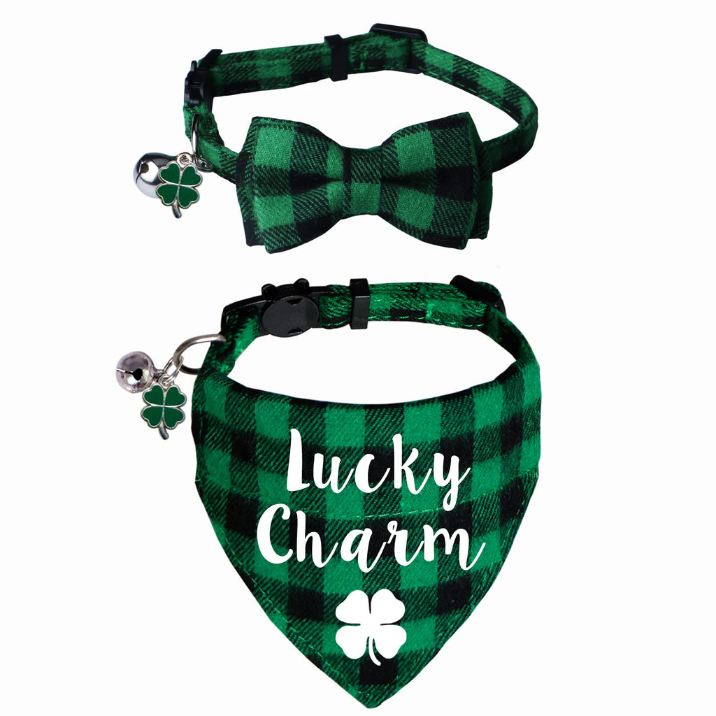 STMK 2 Pack St. Patrick's Day Cat Collar Bandana with Bell, Breakaway Cat Bandana Collars with Bell Charm for St. Patrick's Day Cats Kittens Costumes (St. Patrick's Day Bow Tie & Bandana Collar) Plaid - PawsPlanet Australia