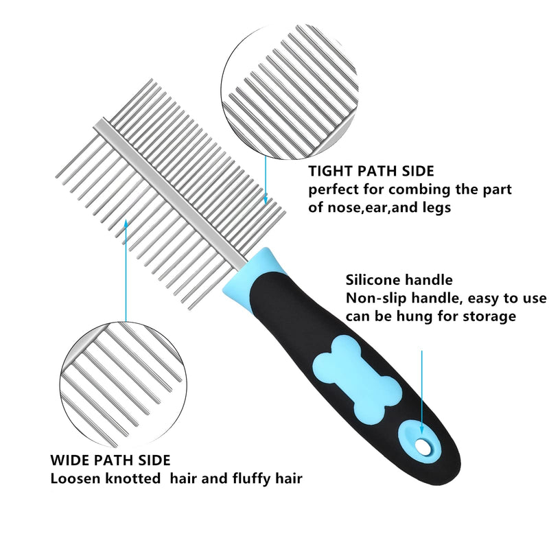 Dog Comb, Cat Comb with Double-Sided Metal Rounded Teeth, Stainless Steel Pet Grooming Comb Brush Against Fleas Undercoat, Fur Comb for Pets with Short, Medium/Long Hair (Blue) Blue - PawsPlanet Australia