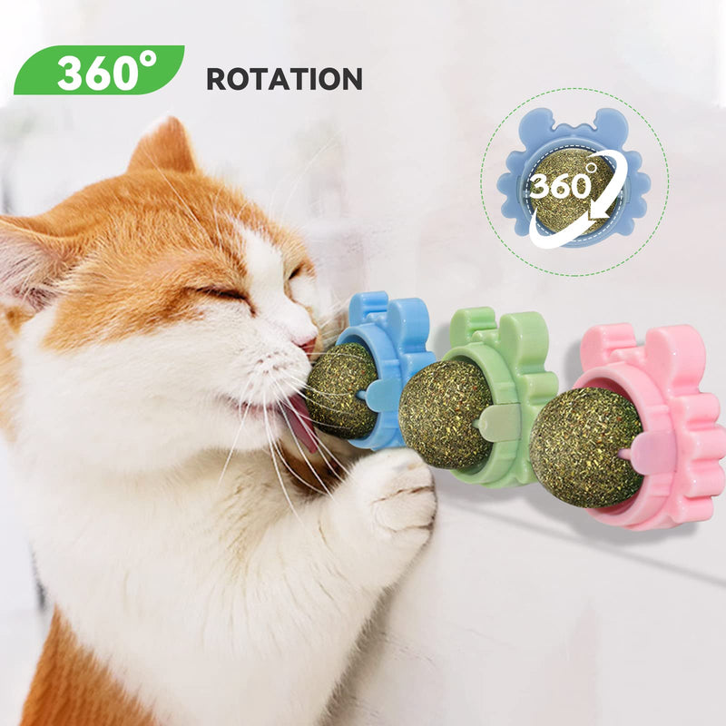Aucenix Pack of 3 Catnip Balls Toys for Cats, Catnip Wall Roller for Cat Licking, Teeth Cleaning Dental Edible Kitten Toy, Natural Rotating Cat Toy Green+Blue+Pink - PawsPlanet Australia