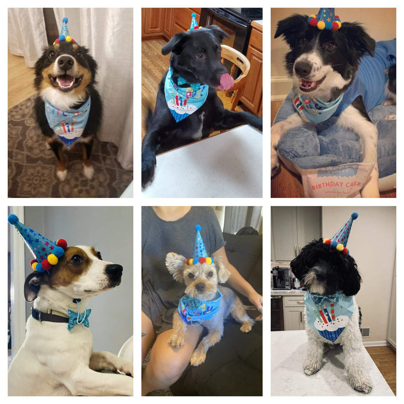 Dog Birthday Bandana Scarf and Dog Girl Boy Birthday Party Hat with Cute Dog Bow Tie Collar for Small Medium Dog Pet Large Blue - PawsPlanet Australia