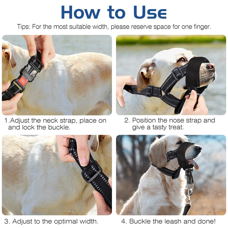 Pawaboo Adjustable Dog Muzzle, Prevents Unexpected Biting Chewing Head Collar, Breathable Safety Reflective Design and Comfortable Sponge Pad Easy Fit Control, L Size For 75LB/34KG Dogs, Black - PawsPlanet Australia