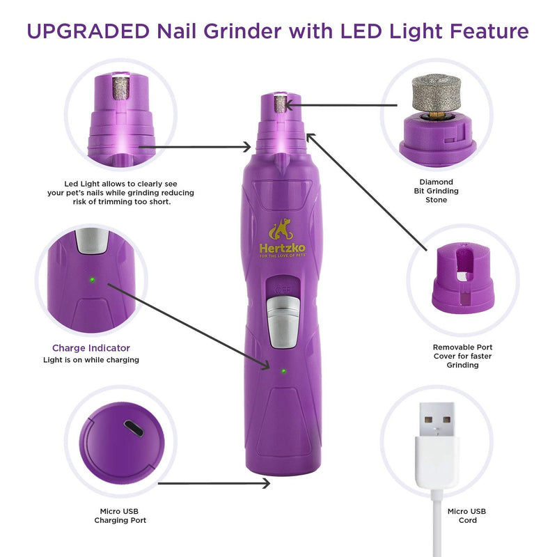 [Australia] - Hertzko Electric Pet Nail Grinder with LED Light – for Pet Nail Trimming Shaping & Smoothing of Dogs Cats & Small Animals - Portable Rechargeable Includes USB Wire & 2 Grinding Bits - Two Level Speed 