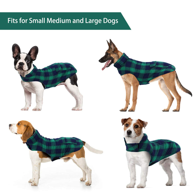 Kuoser British Style Plaid Dog Winter Coat, Windproof Water Repellent Cozy Cold Weather Dog Coat Fleece Lining Dog Apparel Dog Jacket Dog Vest for Small Medium and Large Dogs with Pocket XS-3XL X-Small Green - PawsPlanet Australia