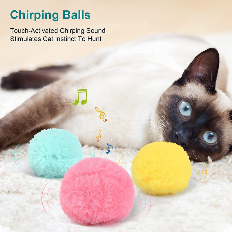 Potaroma 3 Pack Fluffy Plush Cat Ball Toys, Interactive Chirping Balls Cat Kicker Toys, 3 Lifelike Animal Chirping Sounds, Fun Kitty Kitten Catnip Toys for Cat Exercise - PawsPlanet Australia