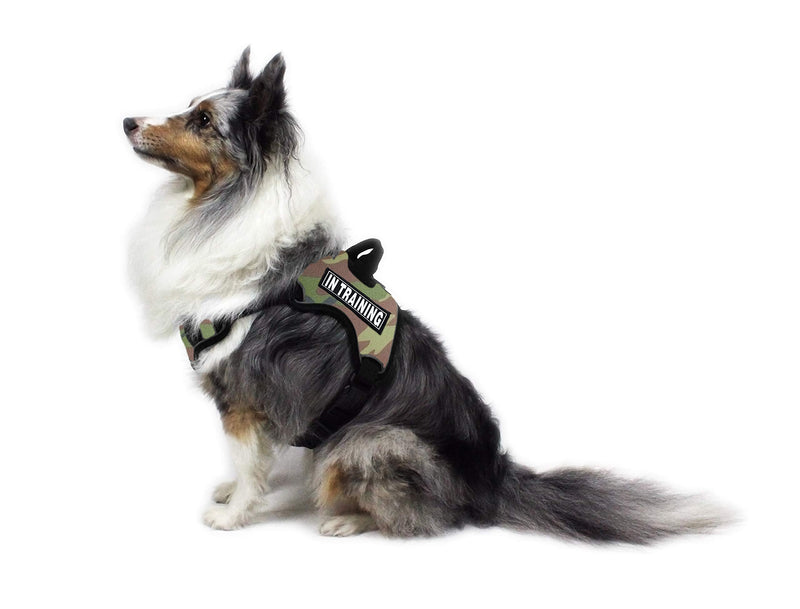 [Australia] - Dogline Quest No-Pull Dog Harness with 3D Rubber in Training Removable Patches Reflective Soft Comfortable Dog Vest with Quick Release Dual Buckles Black Hardware and Handle Girth 21" to 25" Green Camo 