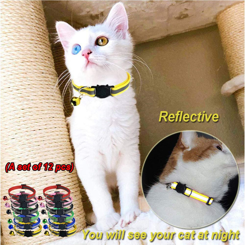 GingerUPer Cat Collar Cat Breakaway Collars Set 12 PCS with Bell Reflective Strap & Safety Buckle, Adjustable 8-12" (12 Color) - PawsPlanet Australia