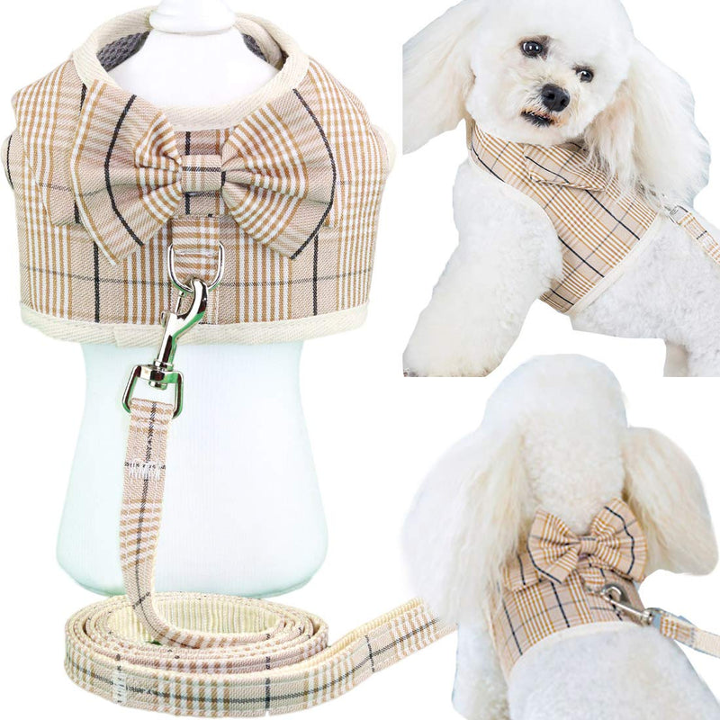 [Australia] - Aiwind Dog Cat Puppy Harness and Leash Set for Cats Dogs Classic Grids Beige Bowtie Harness S 