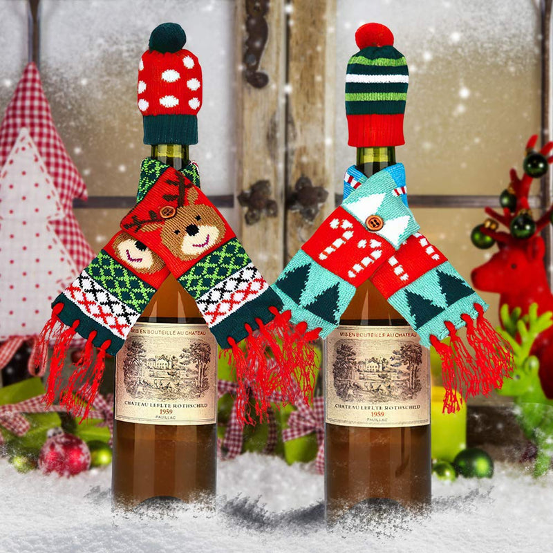3PCS Mini Christmas Hat Scarf for Wine Bottle Decorations, Silverware Holders, Candy Covers, Home Party Kitchen Christmas Decor Xmas Knitted Scarves Hats Set - PawsPlanet Australia