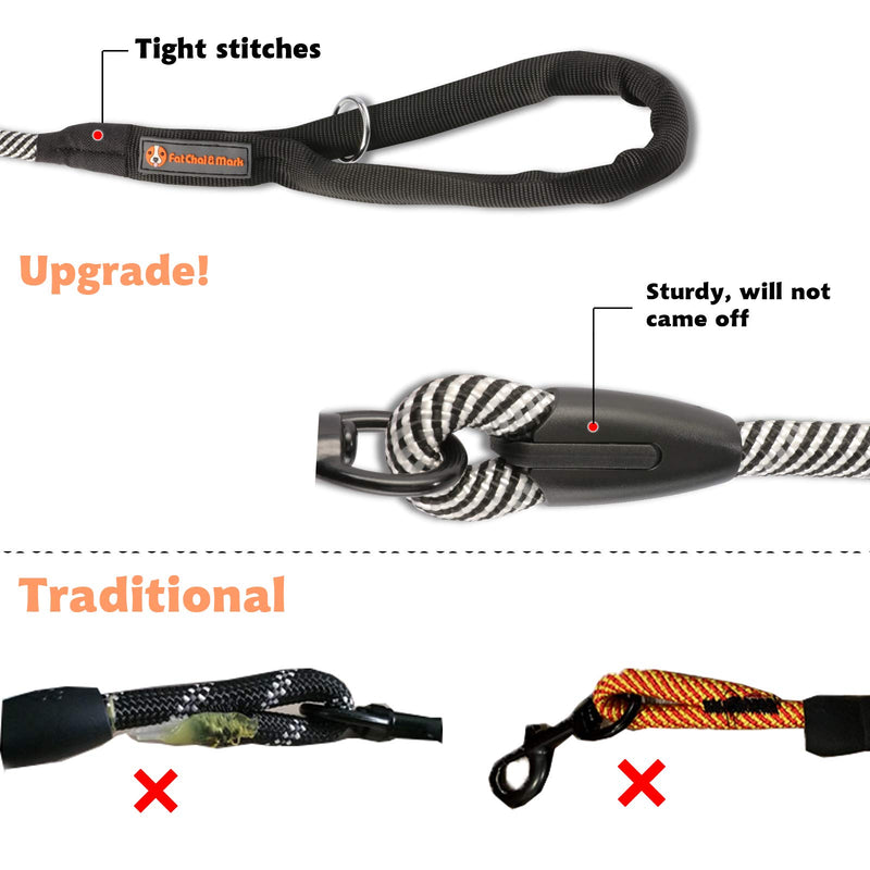 FAT CHAI & MARK 6FT Heavy Duty Rope Dog Leash with Soft Padded Handle Highly Reflective Threads Strong Training Leashes for Small Medium Large Puppy Dogs Black-White 6FT 1/2'' - PawsPlanet Australia