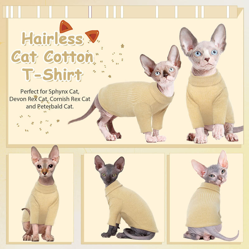 Hairless Cat Vest Turtleneck Breathable Adorable Cat Clothes Pullover Kitten T-Shirts with Sleeves Cat Pajama Jumpsuit for Sphynx, Cornish Rex, Devon Rex, Peterbalg XL(8.8-10lbs) Khaki - PawsPlanet Australia