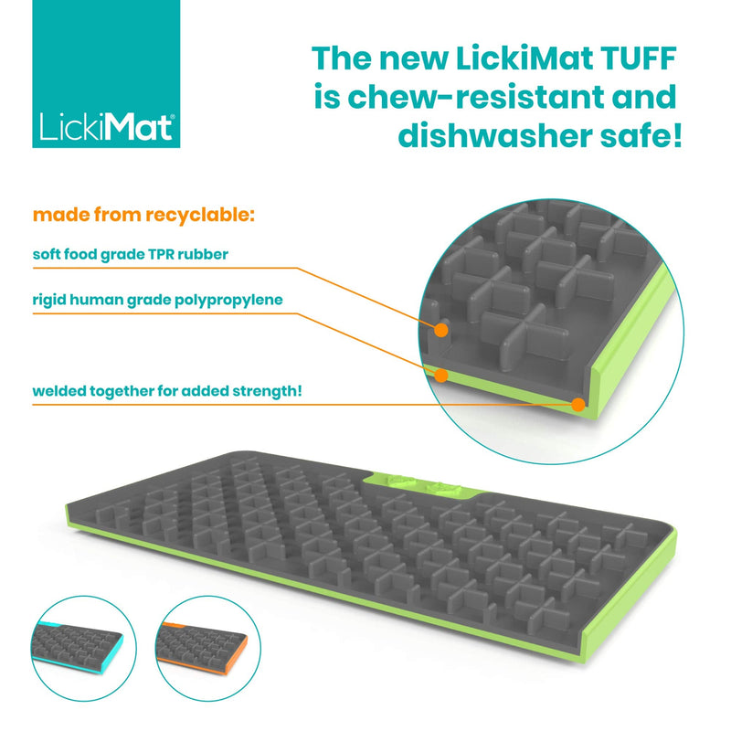 Lickimat Tuff, Heavy-Duty Dog Slow Feeders Lick Mat, Boredom Anxiety Reducer; Perfect for Food, Treats, Yogurt, or Peanut Butter. Fun Alternative to a Slow Feed Dog Bowl! Green Buddy - PawsPlanet Australia