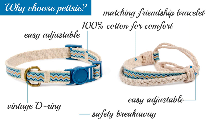 [Australia] - Pettsie Cat Kitten Collar Breakaway Safety and Friendship Bracelet for You, Durable 100% Cotton for Extra Safety, Easy Adjustable, D-Ring for Accessories, Gift Box Included 5"-8" Neck Blue 