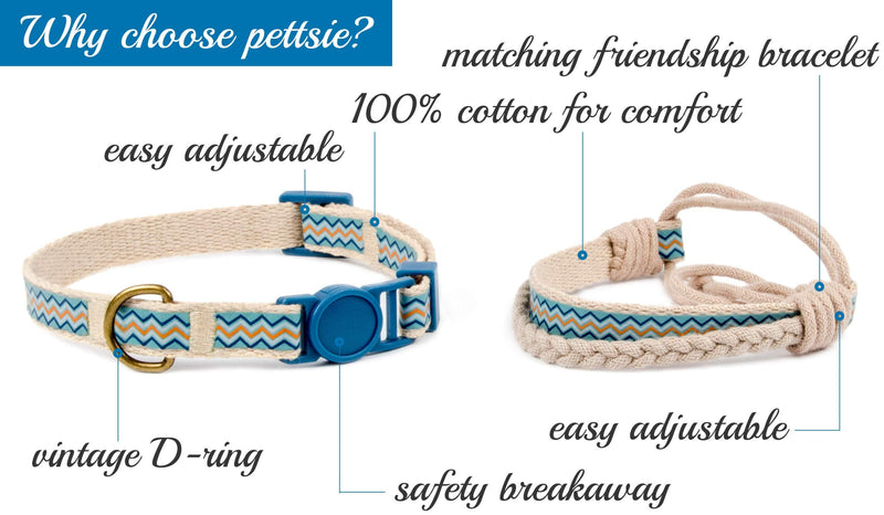 Pettsie Cat Collar with Safety Clasp and Friendship Bracelet for Her, Strong Cotton, D-Ring for Accessories, Adjustable Size 19-29cm, Blue 19-29cm - PawsPlanet Australia