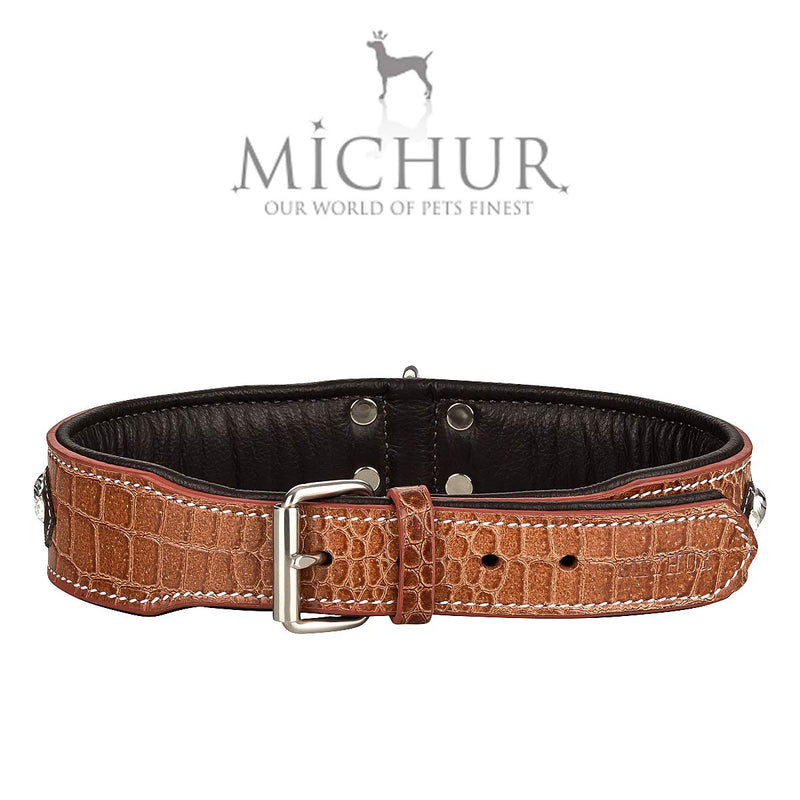 MICHUR LAKOTA Leather Dog Collar, Dog Collar, BROWN, LEATHER, BLUE STONES WITH ROUND RIVETS Neck circumference 24.02-26.97" - PawsPlanet Australia