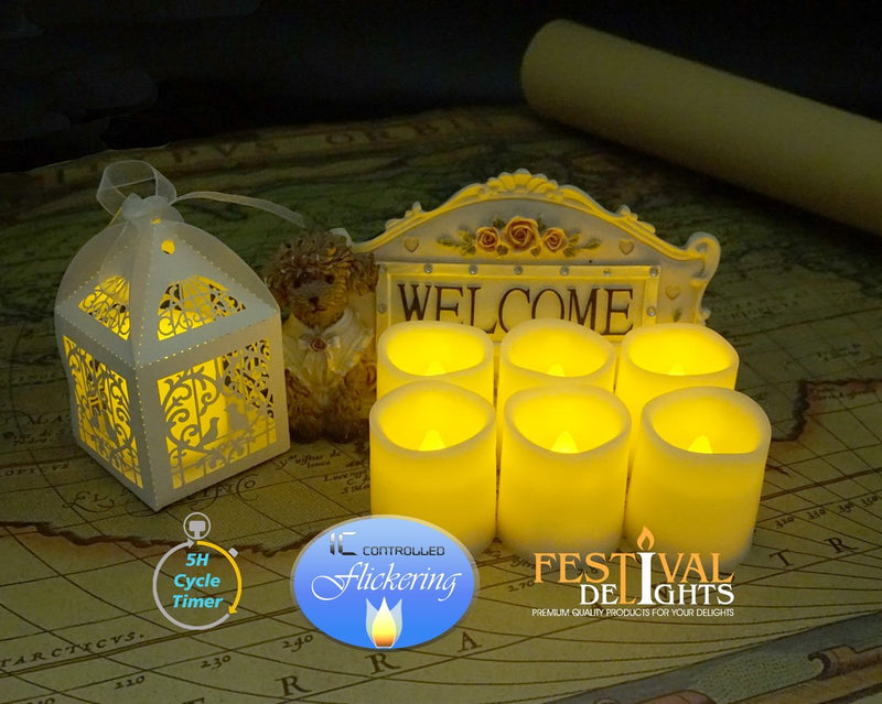 Timer Flameless Candles by Festival Delights - Premium IC-Controlled Soft Flickering Votive Battery Operated Candles, 150 Hours of Lighting, 5H Timer, Battery Included, Dia. 1.5"x1.75"H - PawsPlanet Australia