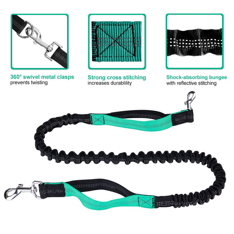 [Australia] - LANNEY Hands Free Dog Leash for Running Walking Training Hiking, Dual-Handle Reflective Bungee, Poop Bag Dispenser Pouch, Adjustable Waist Belt, Shock Absorbing, Ideal for Medium to Large Dogs Black / Teal 