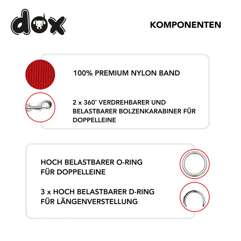 DDOXX dog leash nylon, 3-way adjustable, 2m | for small & large dogs | Double Leash Two Dog Cat Puppy | Towing leash large | Lead leash small | Running leash puppy leash | S, Red S - 1.5 x 200 cm - PawsPlanet Australia